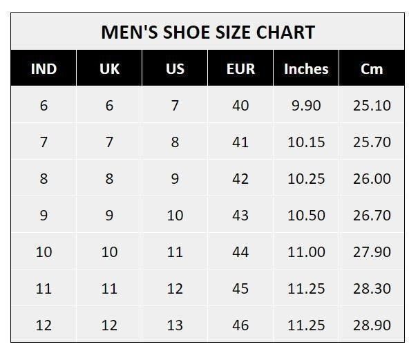 Men's shoe size chart with sizes in UK, US, EUR for comfortable casual shoes for men