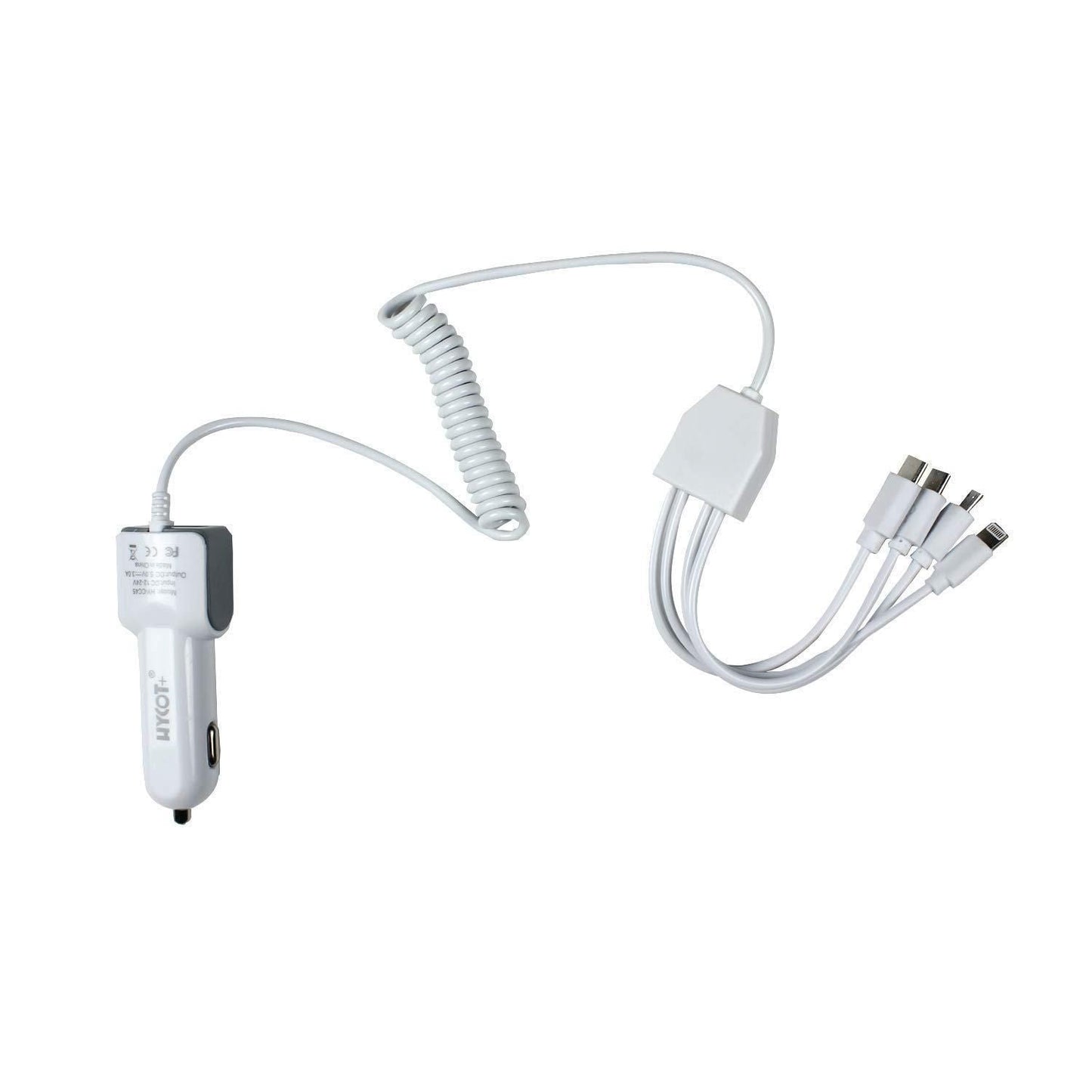 Compact car charging cables with multiple connectors for easy device charging on the go