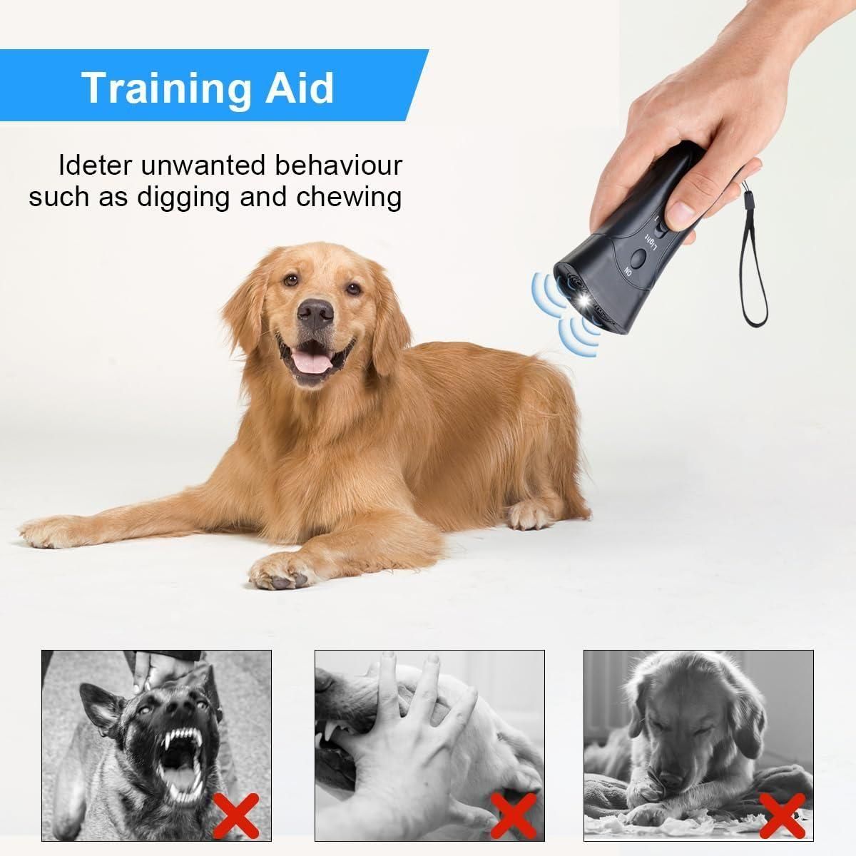 Dog training aid to stop aggressive dog attacks with sound and light features for effective behavior correction