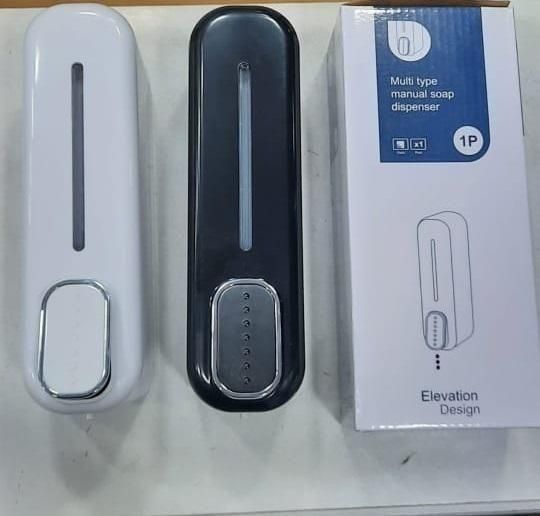 Wall mounted soap dispenser pack featuring sleek black and white designs for easy installation and use