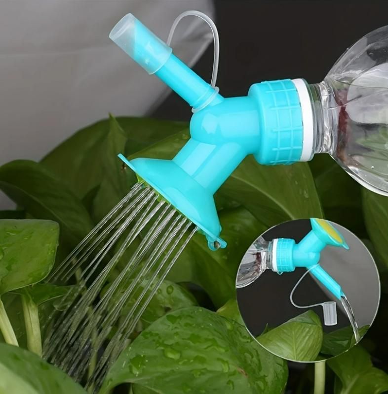 Blue water spraying nozzle for gardening attached to a plastic bottle for easy plant watering