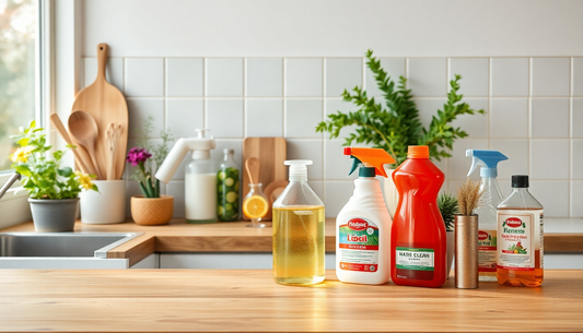 Best products for cockroach prevention displayed on a kitchen countertop with cleaning supplies