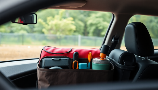 Organized car interior showcasing essential car gadgets for travel in a convenient storage bag