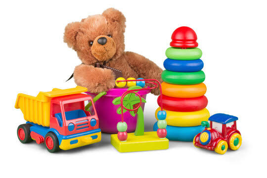 Colorful collection of the best baby toys online including a teddy bear, stacking rings, and toy vehicles
