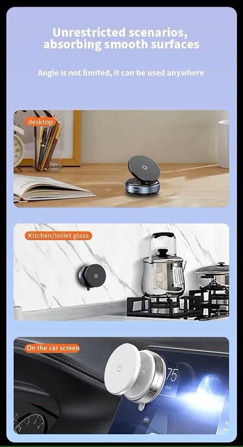 360 degree phone holder on a desktop, kitchen wall, and car dashboard for versatile usage