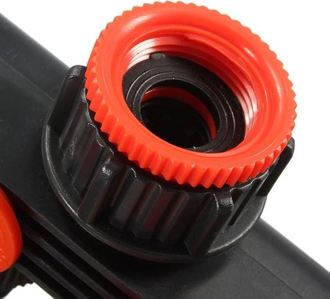 Close-up of a durable 4 way water tap connector with orange grip for easy handling and installation
