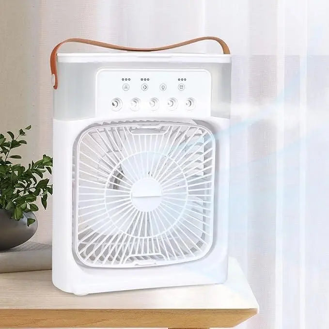 Portable white electric fan with adjustable settings and a leather handle for easy transport