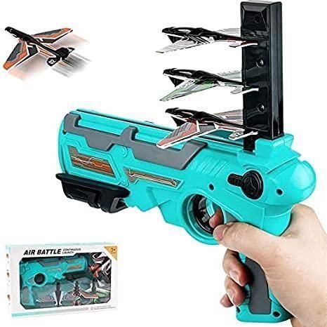 Colorful airplane launcher for kids with three paper planes ready for action