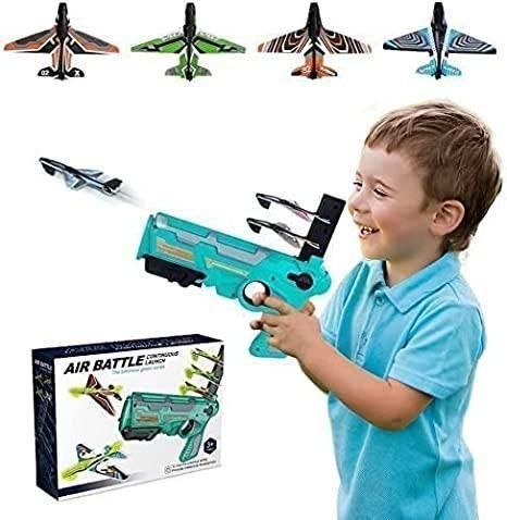 Child playing with an airplane launcher for kids, featuring colorful toy planes and a fun design