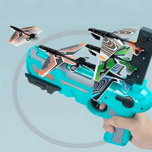 Colorful toy airplane launcher for kids featuring three planes and ergonomic grip for easy handling