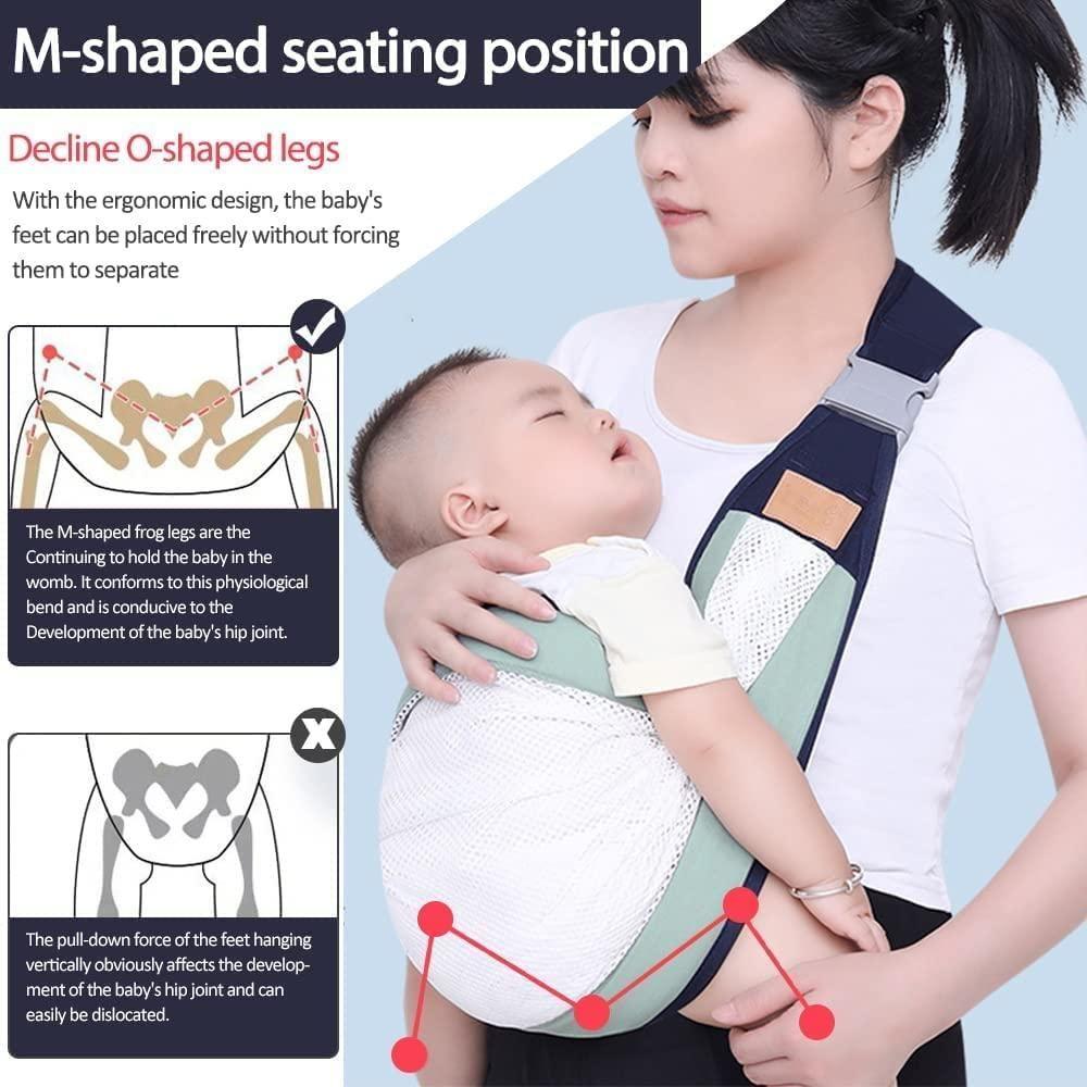 Adjustable baby carrier newborn to toddler with ergonomic M-shaped seating position and breathable fabric