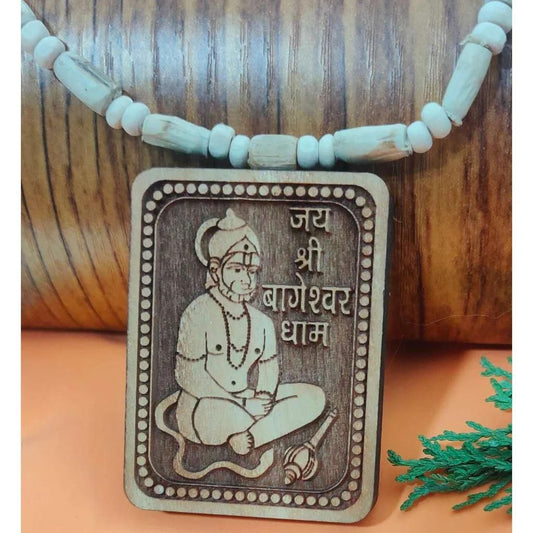 Bageshwar Dham Tulsi Mala with Wooden Pendant Featuring Lord Hanuman's Image and Spiritual Symbols