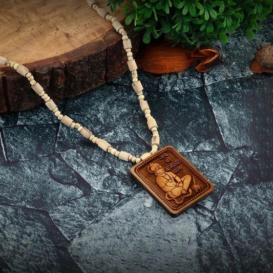 Bageshwar Dham Tulsi Mala with Wooden Pendant featuring a Spiritual Design for Daily Use