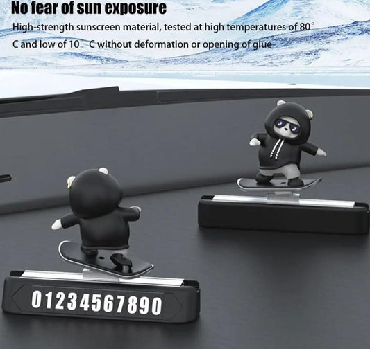 Cute car dashboard showpiece featuring playful panda figurines with a snowboard design