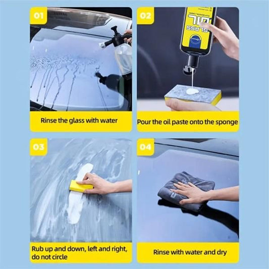 Step-by-step guide for using car glass cleaning solution with sponge tool and microfiber cloth