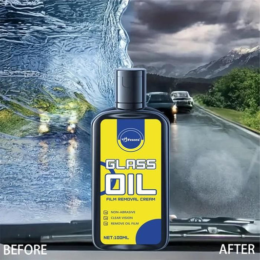 Bottle of car glass cleaning solution with before and after visuals showing improved clarity on glass