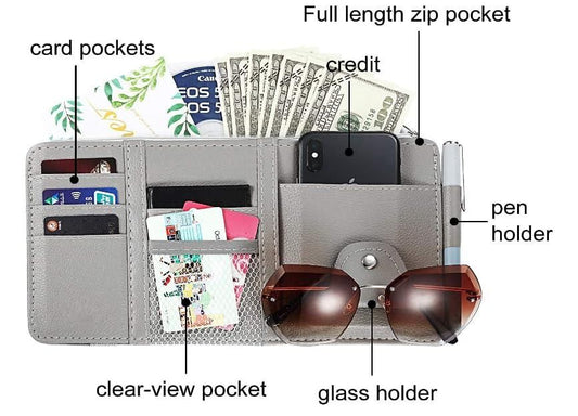 Gray car visor organizer with card pockets, clear-view pocket, and zip pocket for easy access