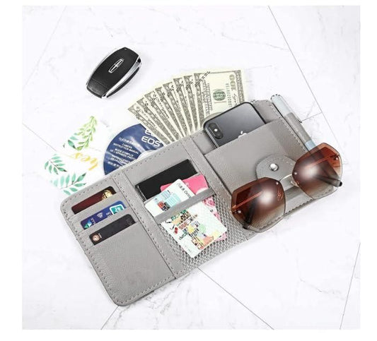 Stylish car visor organizer in gray with pockets for cards, cash, and sunglasses