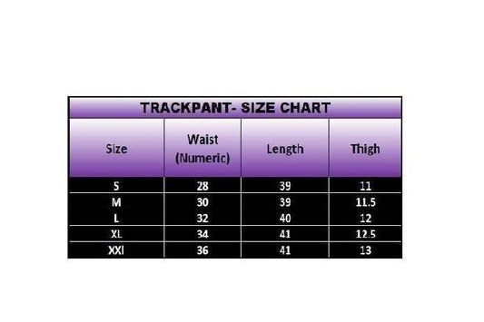 Size chart for comfortable athletic pants for men showing waist, length, and thigh measurements