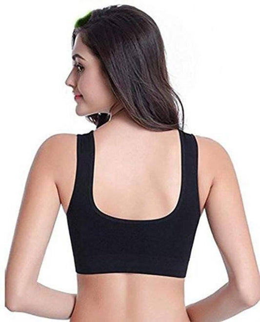 Back view of a black seamless bra, designed as comfortable bras for women.