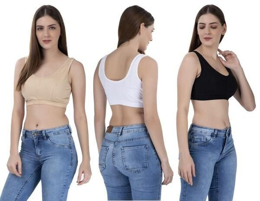 Three comfortable bras for women in beige, white, and black displayed on models with jeans