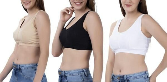 Set of three comfortable bras for women in beige, black, and white for everyday wear