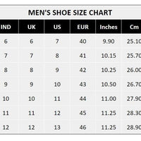 Men's shoe size chart with sizes in UK, US, EUR for comfortable casual shoes for men