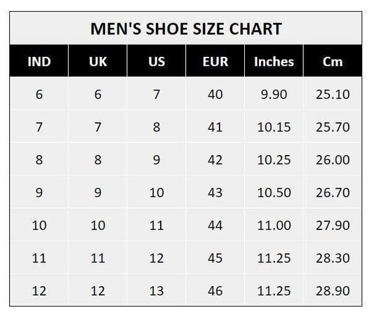 Men's shoe size chart with sizes in UK, US, EUR for comfortable casual shoes for men