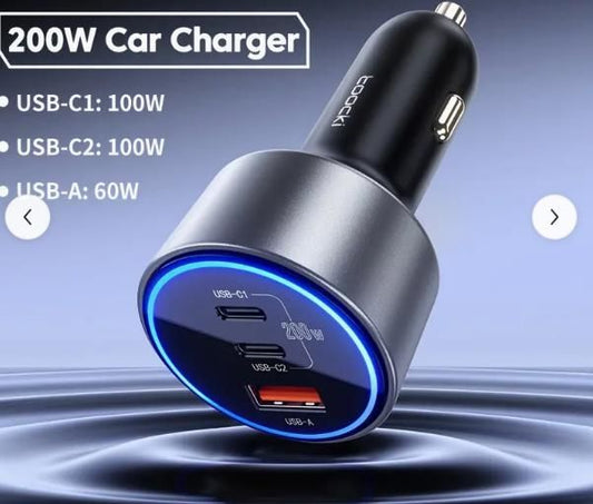 200W Car Charger with multiple USB ports for compact car charging cables convenience on the go