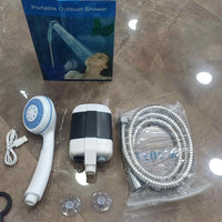 Compact outdoor shower system with handheld showerhead, hose, and installation accessories