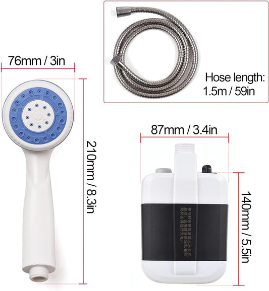 Compact outdoor shower system with handheld sprayer, flexible hose, and portable water tank for easy use