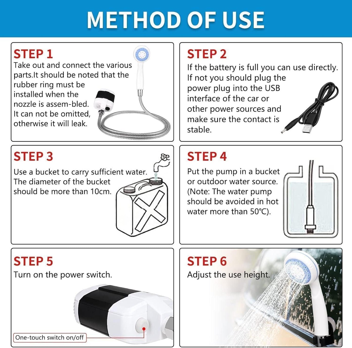 Compact outdoor shower system instruction image for easy setup and water usage.