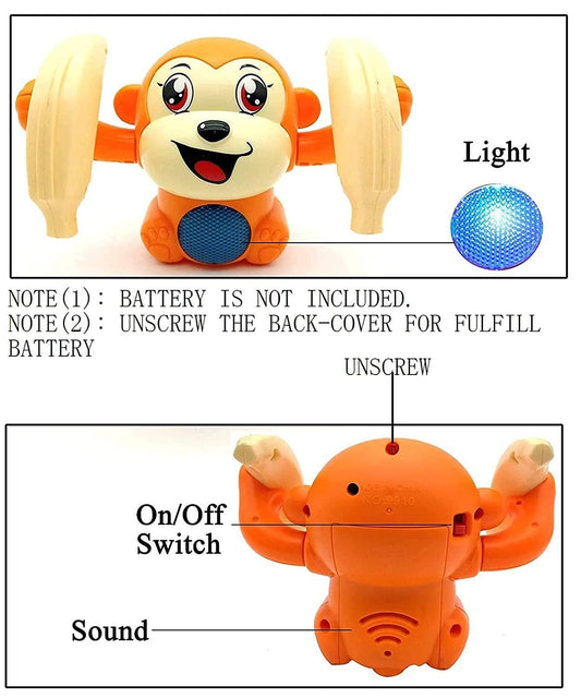 Dancing rolling monkey toy with light and sound features, ideal for interactive playtime.