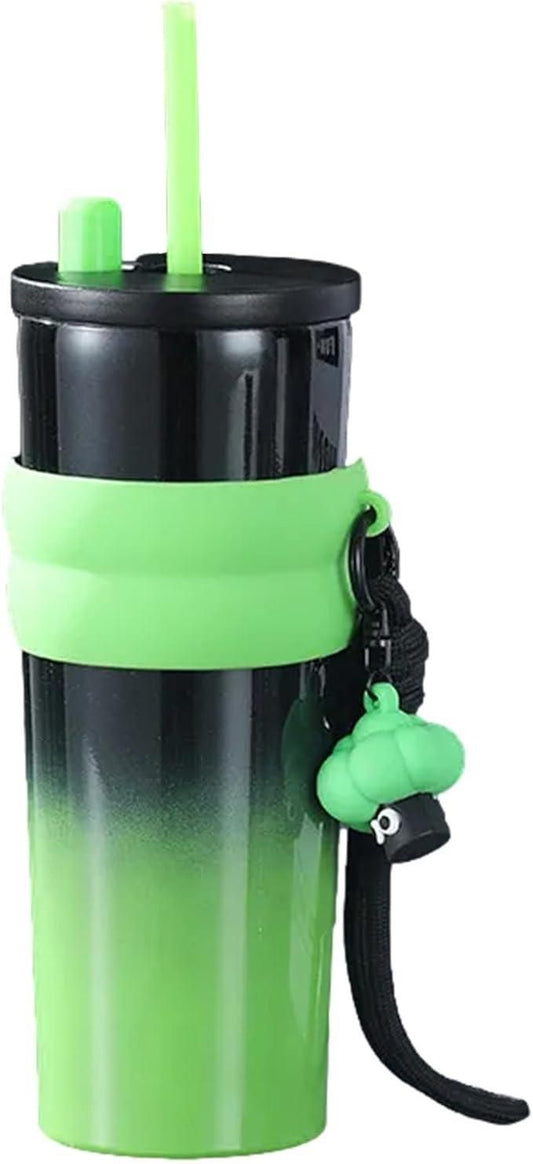 Dual function tumbler in black and green with a straw and handle for easy carrying