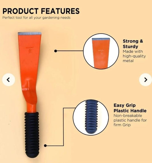 Durable khurpa for gardening with strong metal blade and easy grip plastic handle for comfortable use