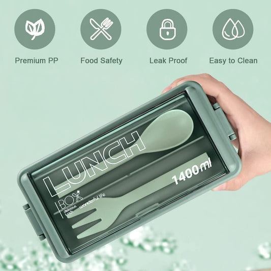 Eco-friendly lunch container made of premium PP, leak-proof, easy to clean, includes utensils