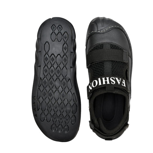 Black daily wear sandals for men with elastic straps and textured sole for comfort and style