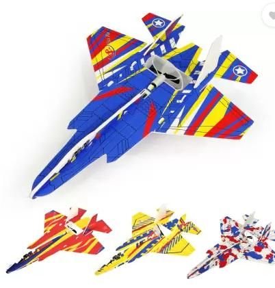 Three colorful foam airplane toys in various designs for outdoor flying fun
