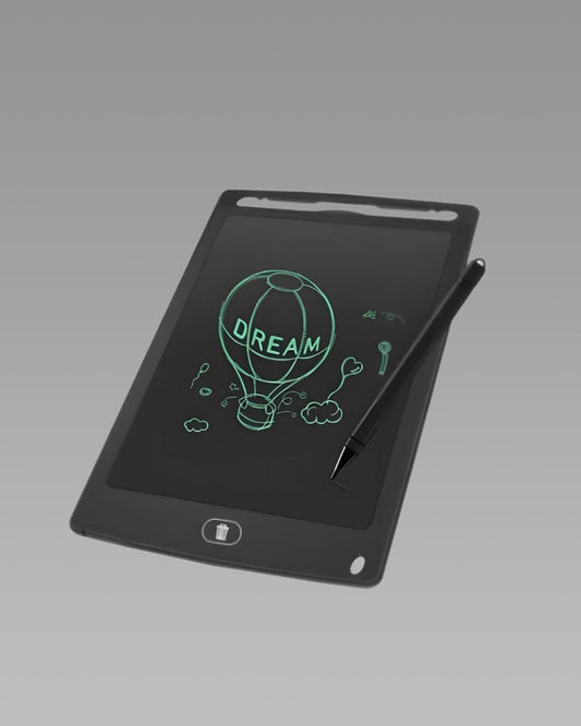 LCD writing tablet for kids with a black screen and stylus, featuring a dream balloon design