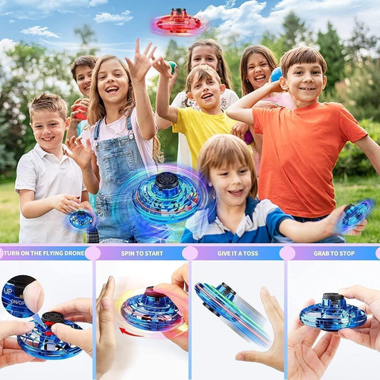 Kids playing with a magic flying orb toy outdoors, demonstrating flying and spinning features