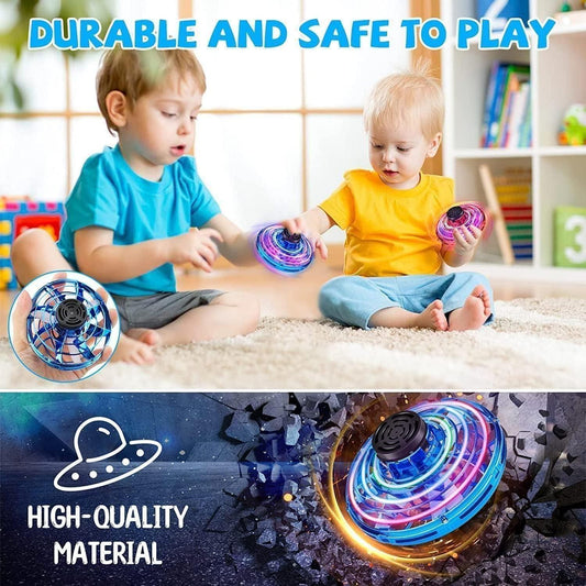 Two children playing with a magic flying orb toy in bright colors, showcasing its durability and safety features
