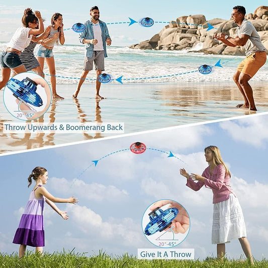 Kids and adults playing with a magic flying orb toy at the beach and park, enjoying an outdoor activity