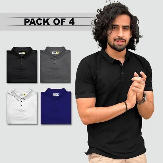 Men's polo t-shirt pack of 4 in black, grey, white, and navy for versatile casual wear