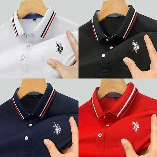 Men's polo t-shirt pack featuring four colors: white, black, navy, and red with stylish detailing