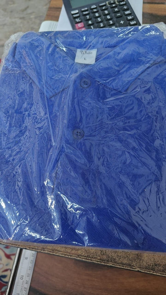 Men's polo t-shirt pack in blue color, neatly folded and wrapped for easy storage