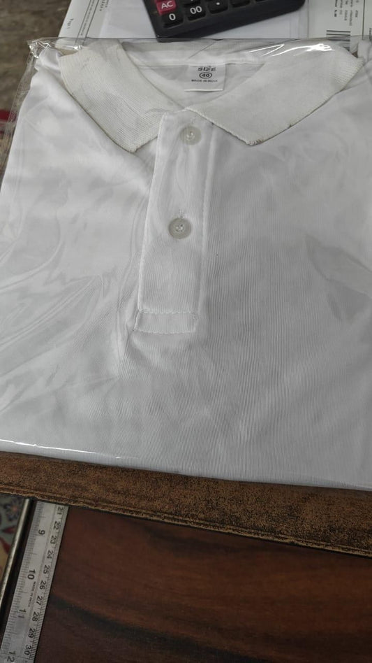 Men's polo t-shirt pack in white, neatly folded and packaged for easy storage