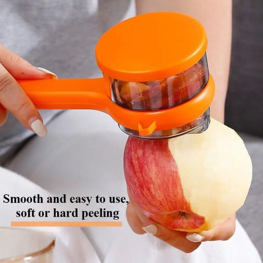 Multifunctional kitchen peeler in use, peeling an apple easily and smoothly