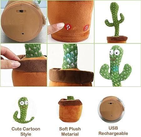 Musical mimicry cactus for kids in a cute cartoon style with soft plush material and USB rechargeable features