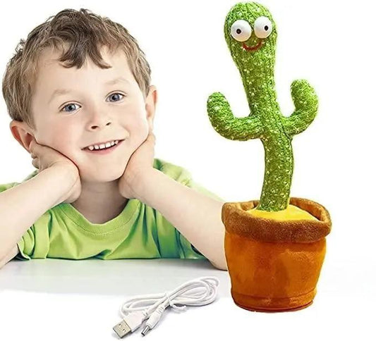 Musical mimicry cactus for kids with a green plush design and interactive features next to a smiling child