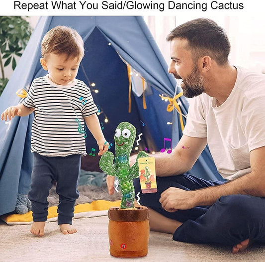 Musical mimicry cactus for kids singing and dancing with a child beside it in a cozy setting